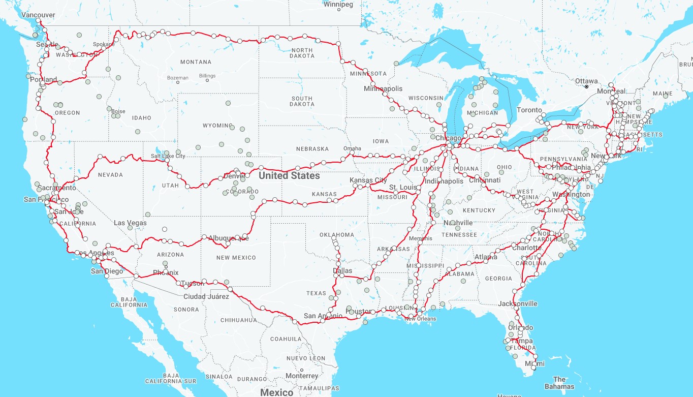 Amtrak Trip Planning Map showing train routes across the contiguous United States