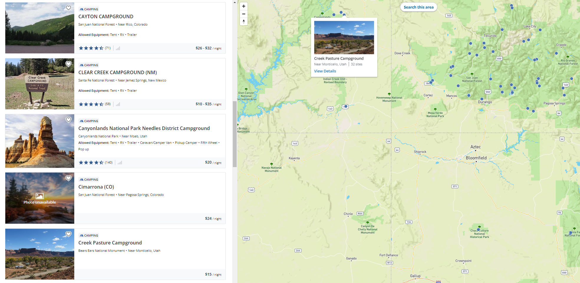 Map from Recreation.gov with campsites in Colorado, Arizona, Utah, and New Mexico