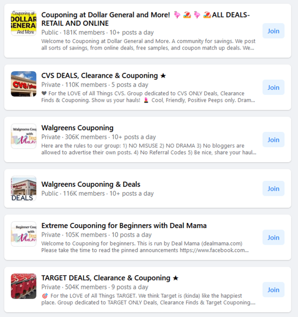 Screenshot of couponing Facebook groups on Facebook.com collected May 2023; Facebook groups may have changed since then