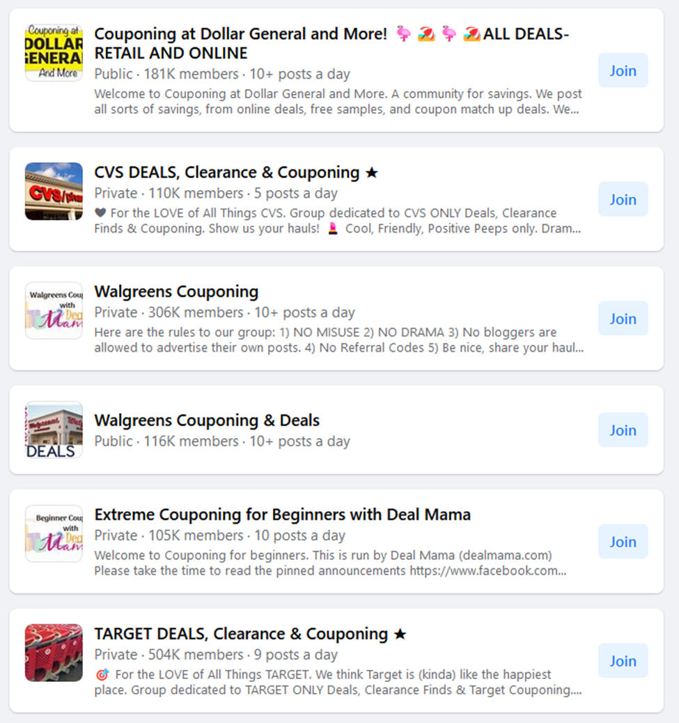 Screenshot of couponing Facebook groups on Facebook.com collected May 2023; Facebook groups may have changed since then. If you're couponing for food, check out groups to learn about the best deals.