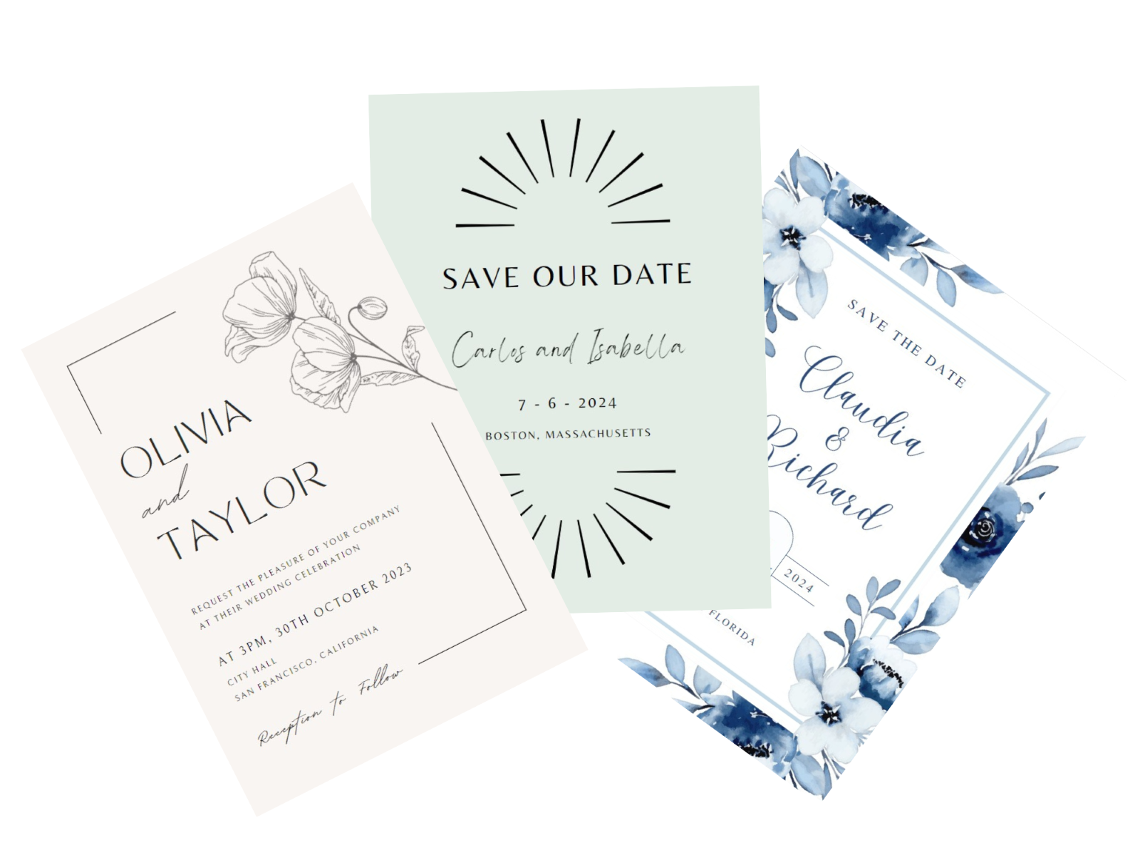 Image with three sample save the date and wedding invitations. 