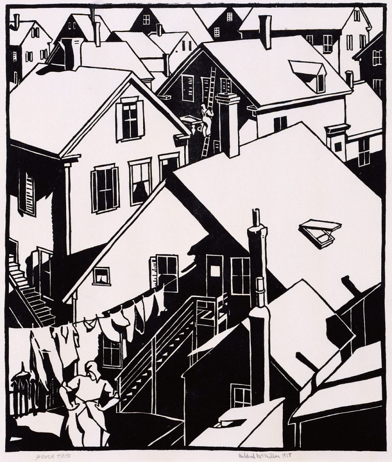 "House Tops" by Mildred McMillen - Black and white art print of home roofs
