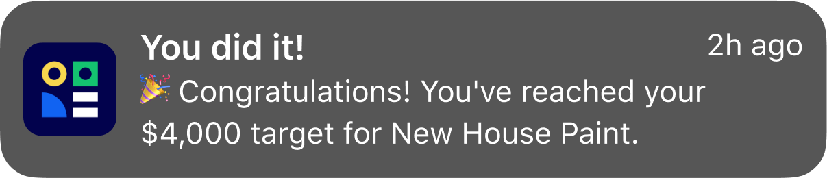 Mobile phone notification stating congratulations for reaching your Jar goal of a new house paint.