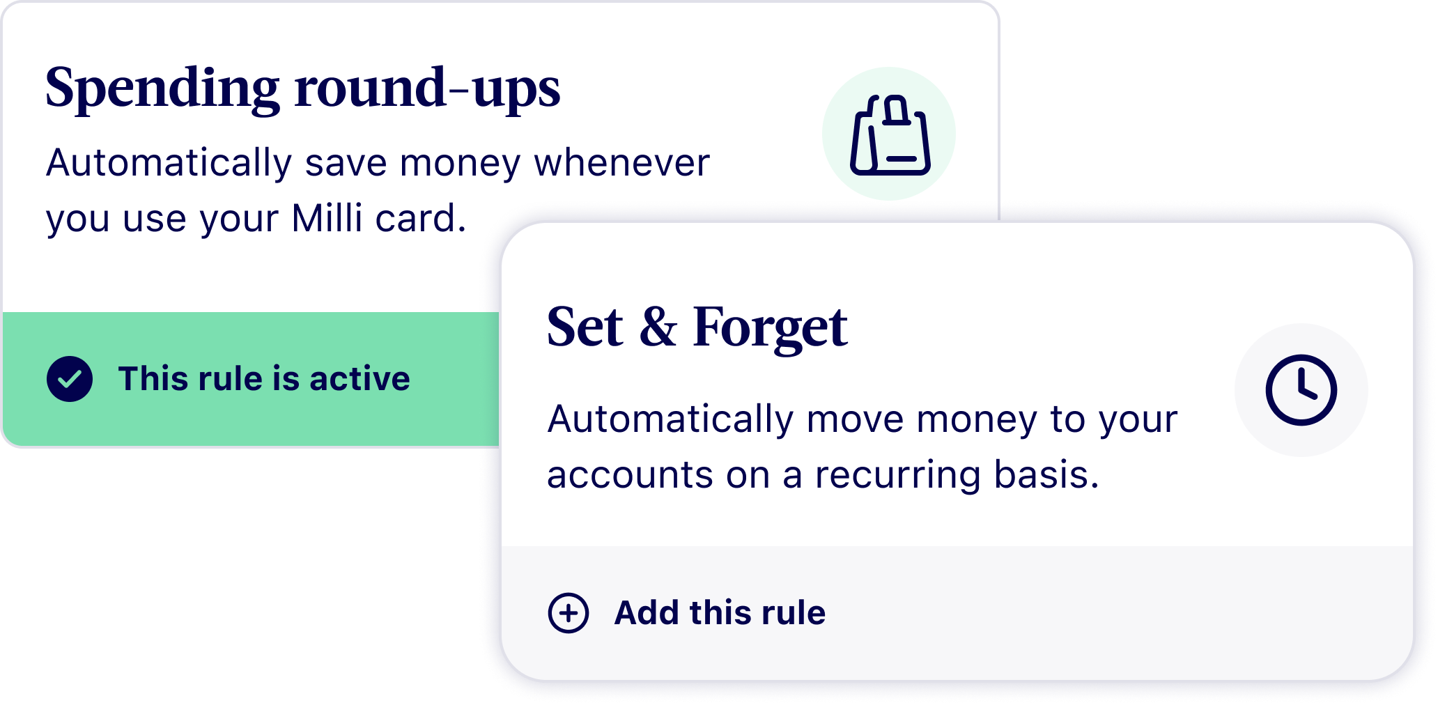 This is a graphic showing Milli's auto save rules of Spending round-ups and Set and Forget.