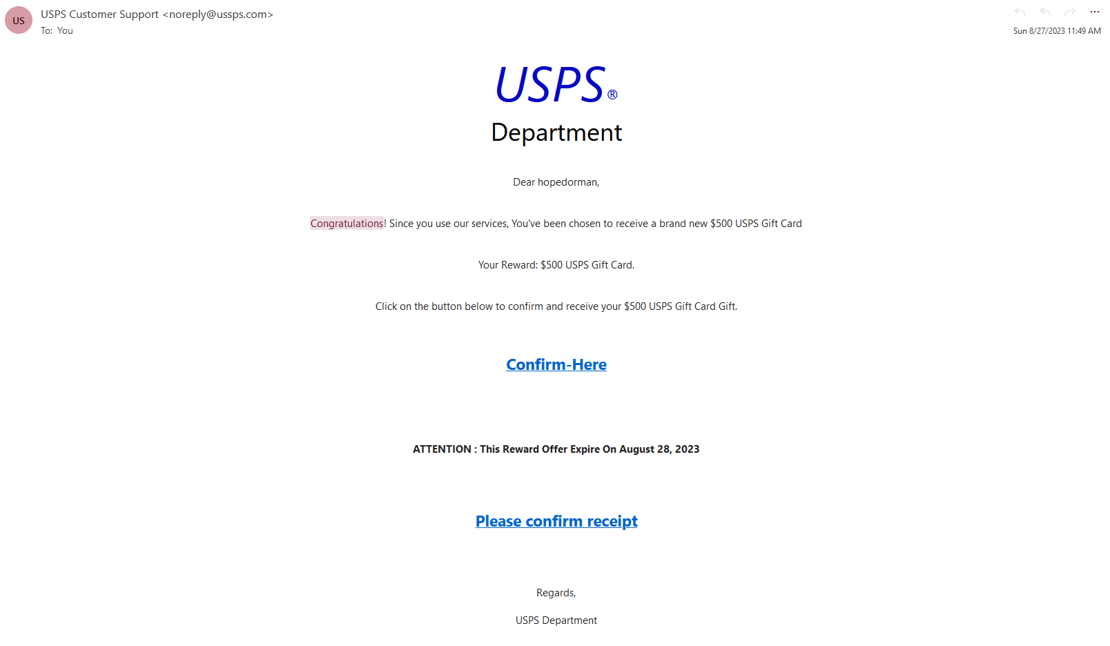 Phishing email pretending to be a prize notification email from the United States Postal Service