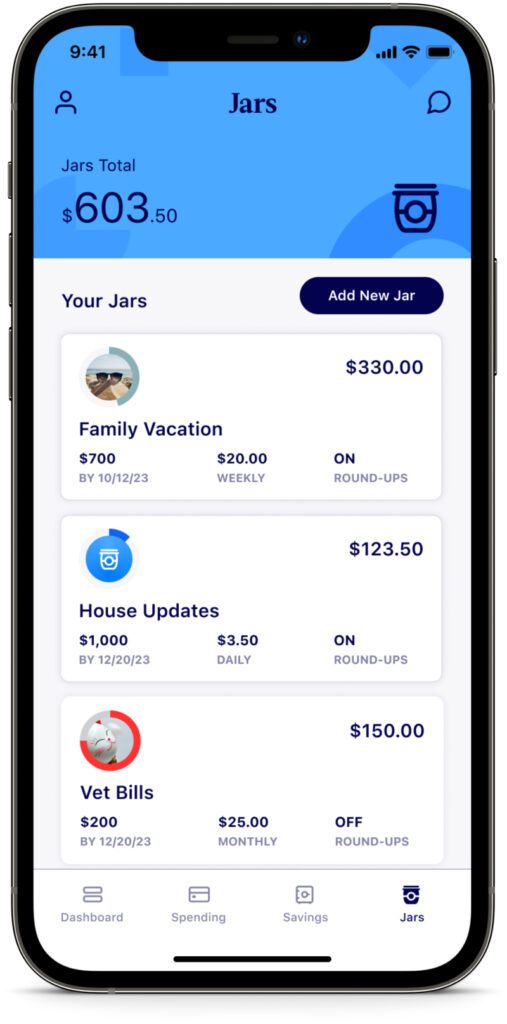Phone showing money Jars on the Milli app - a jar for a family vacation, house updates, and vet bills with a total balance of $603.50