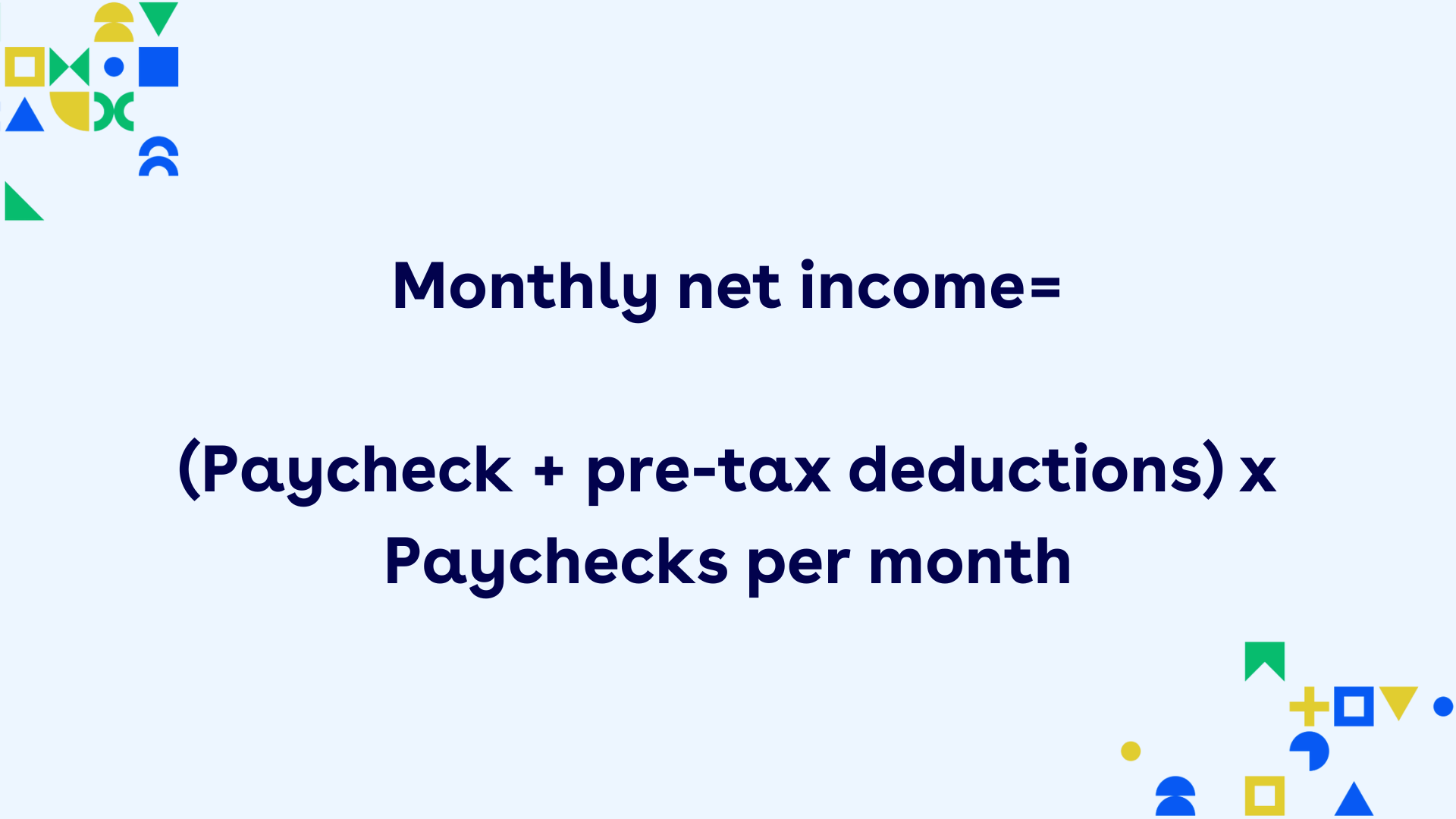 Visualization of the equation monthly net income = (Paycheck + pre-tax deductions) x Paychecks per month)