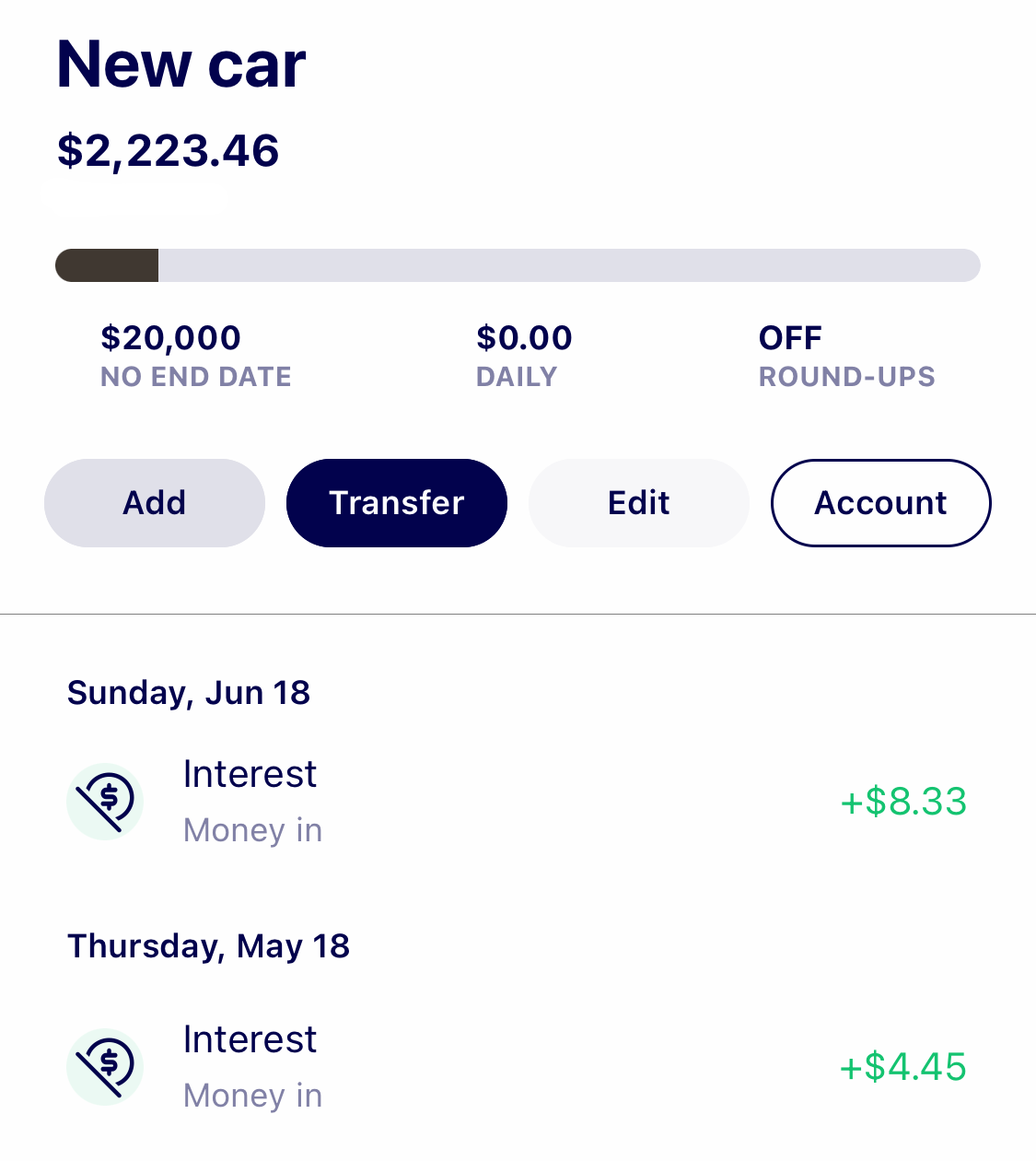 Screenshot of a Milli Jar for a New car showing interest payments of $8.33 on June 18 and $4.45 on May 18. The interest paid showcases how a higher annual percentage yield can help you reach your savings goals faster.