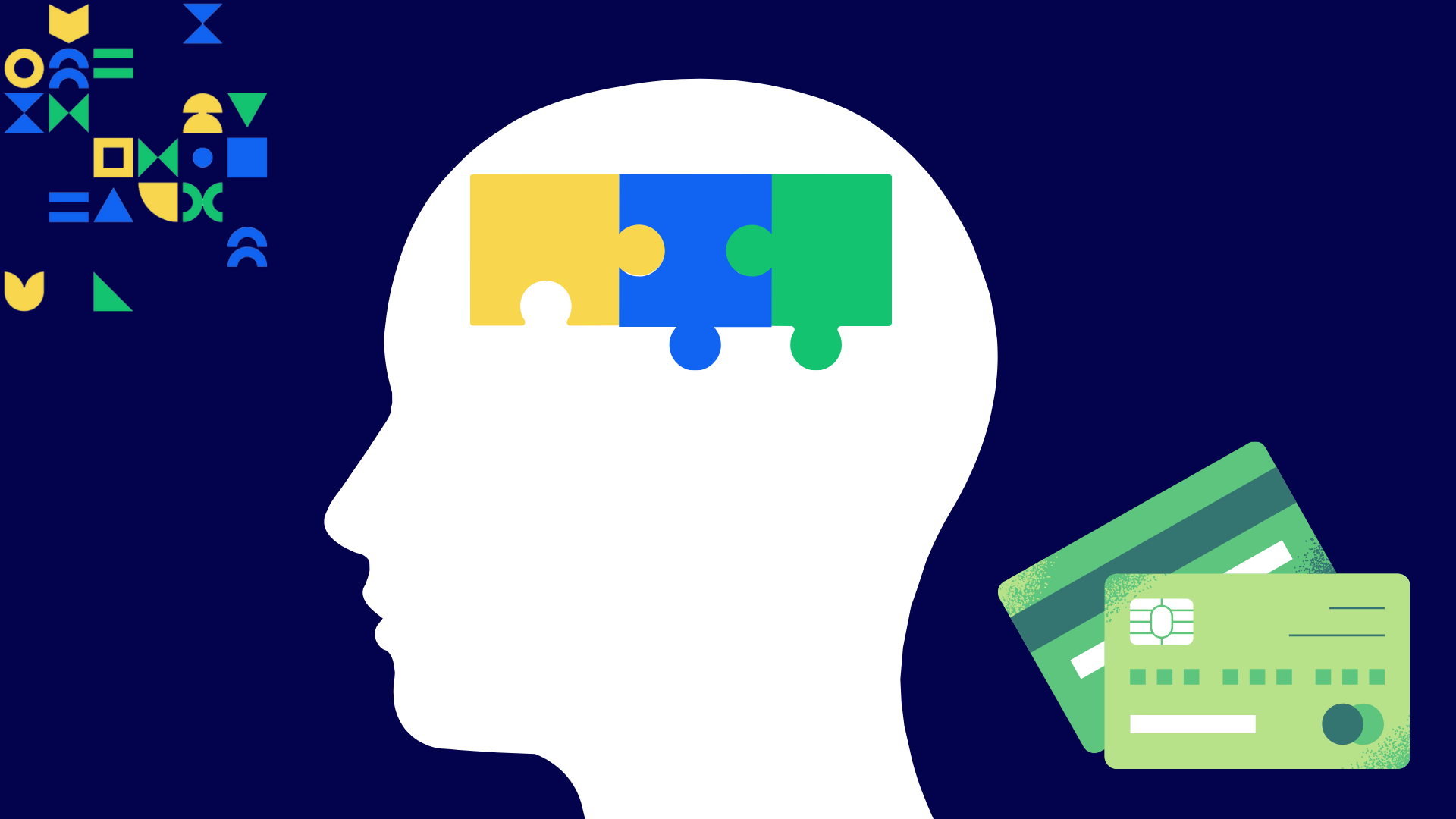 Graphic of a head silhouette with puzzle pieces and a debit card to showcase the concept of the psychology of money