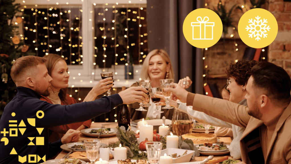 Image of five friends toasting at a holiday meal with imagery of gifts, snowflakes, and yellow geometric glyphs overlaid.
