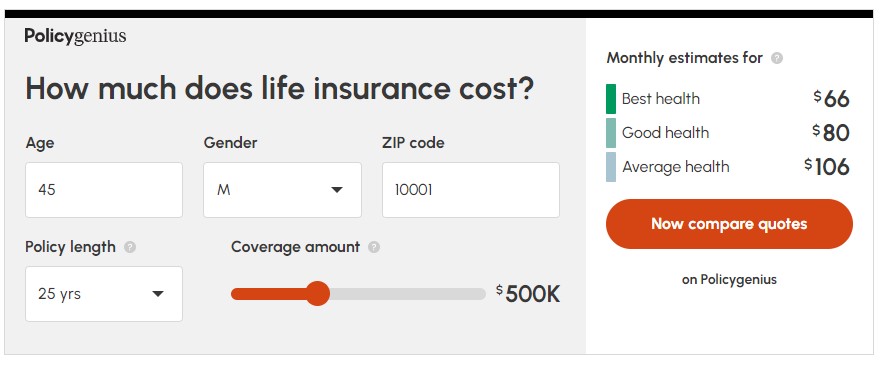 Screenshot of a widget to find out the estimate for a monthly term life insurance premium based on age, gender, zip code, policy length, and coverage amount