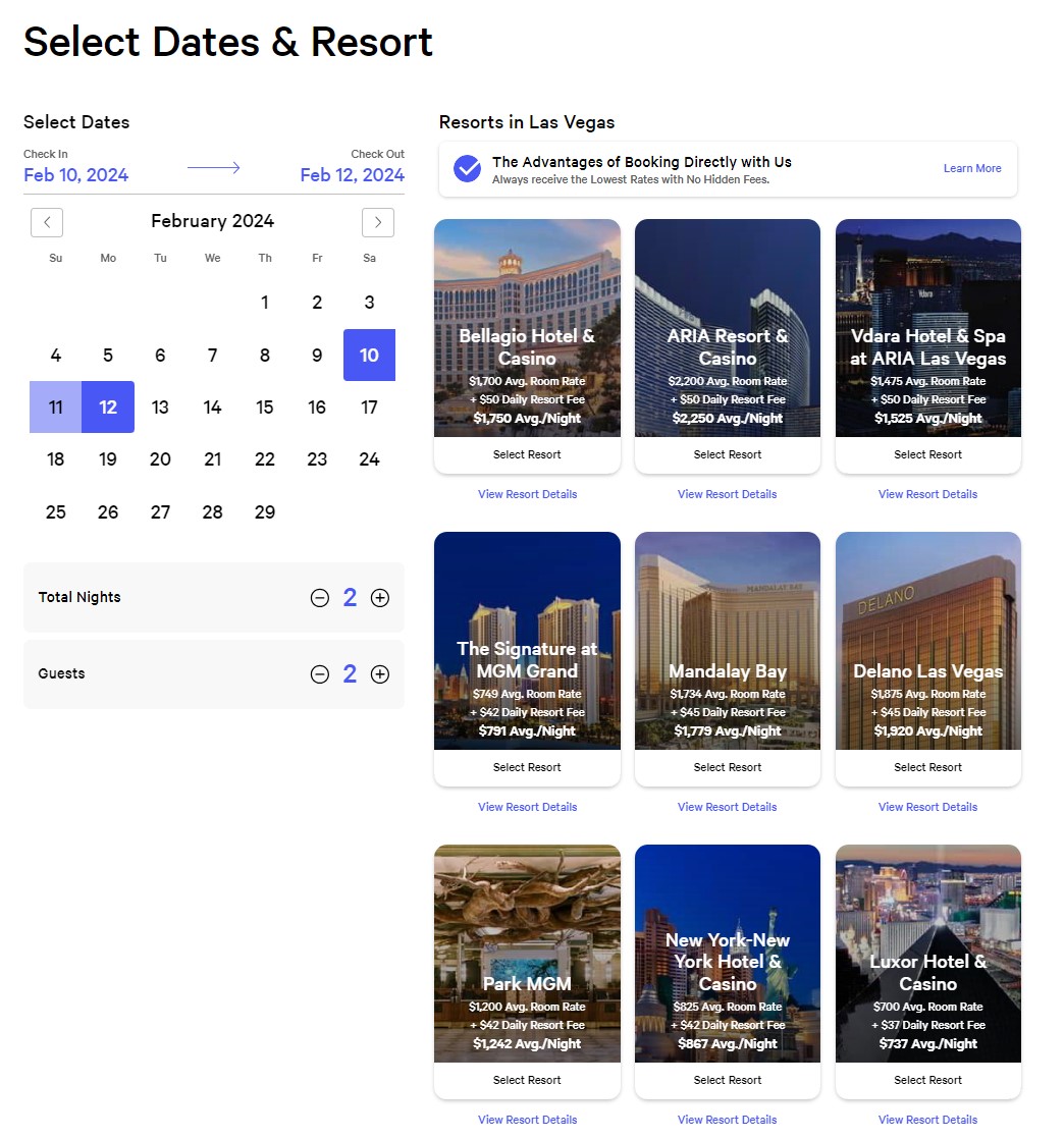 Hotel room prices from nine MGM Reorts hotels in Las Vegas for February 10, 2024 through February 12, 2024; prices range from $737 per night for the Luxor to $2,250 per night for the ARIA 