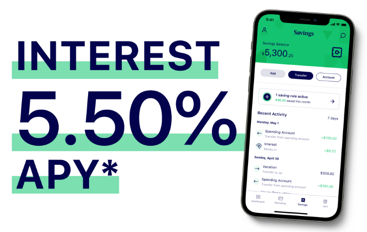This is a graphic stating Milli's 5.25% APY* and a phone rendering of the Savings screen in the Milli app, highlighting the mobile savings account.