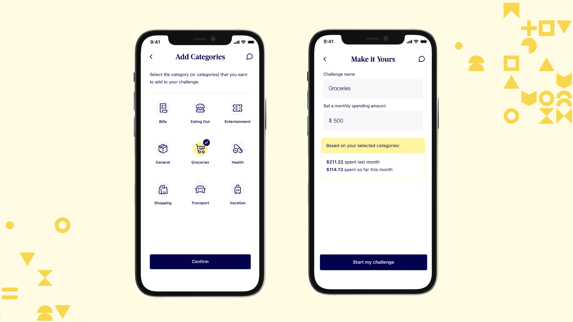 Image showing the Milli app creating a Spending Challege; first screen is adding the grocery category and the second screen has the fields to name the challenge, set a monthly spending amount, and showcases spend for the past month and so far this month.