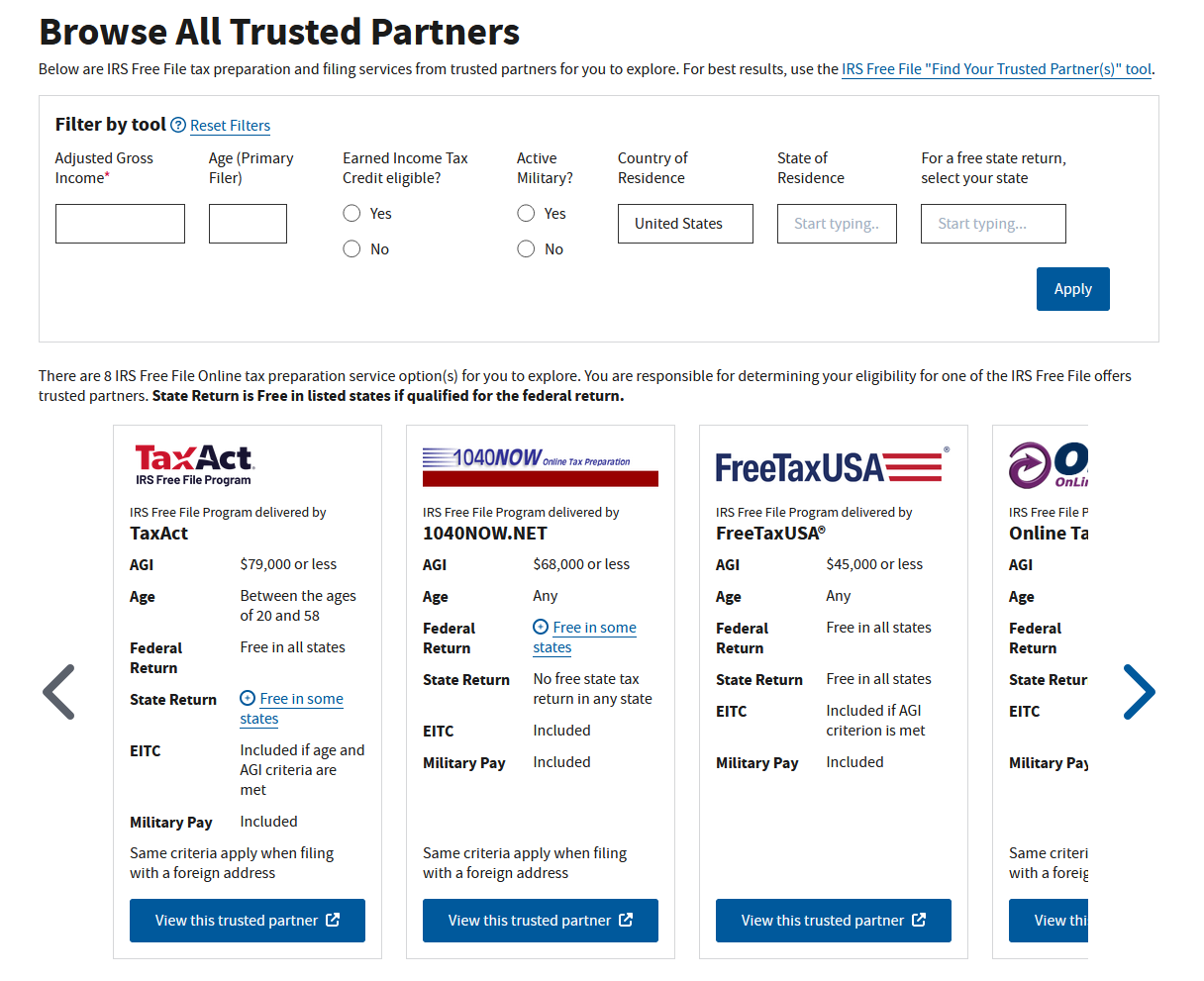 The IRS website showing trusted partners for online tax preparation including TaxAct, 1040NOW, FreeTaxUSA