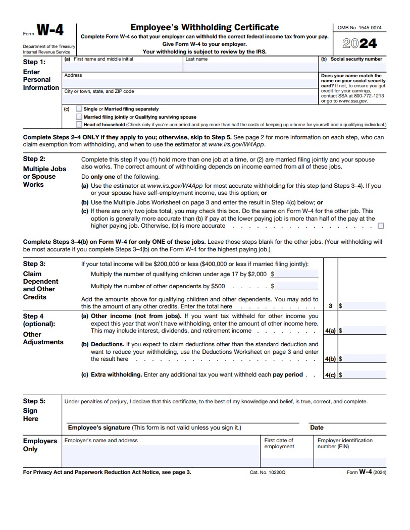 Image of a W-4 Form for tax year 2024