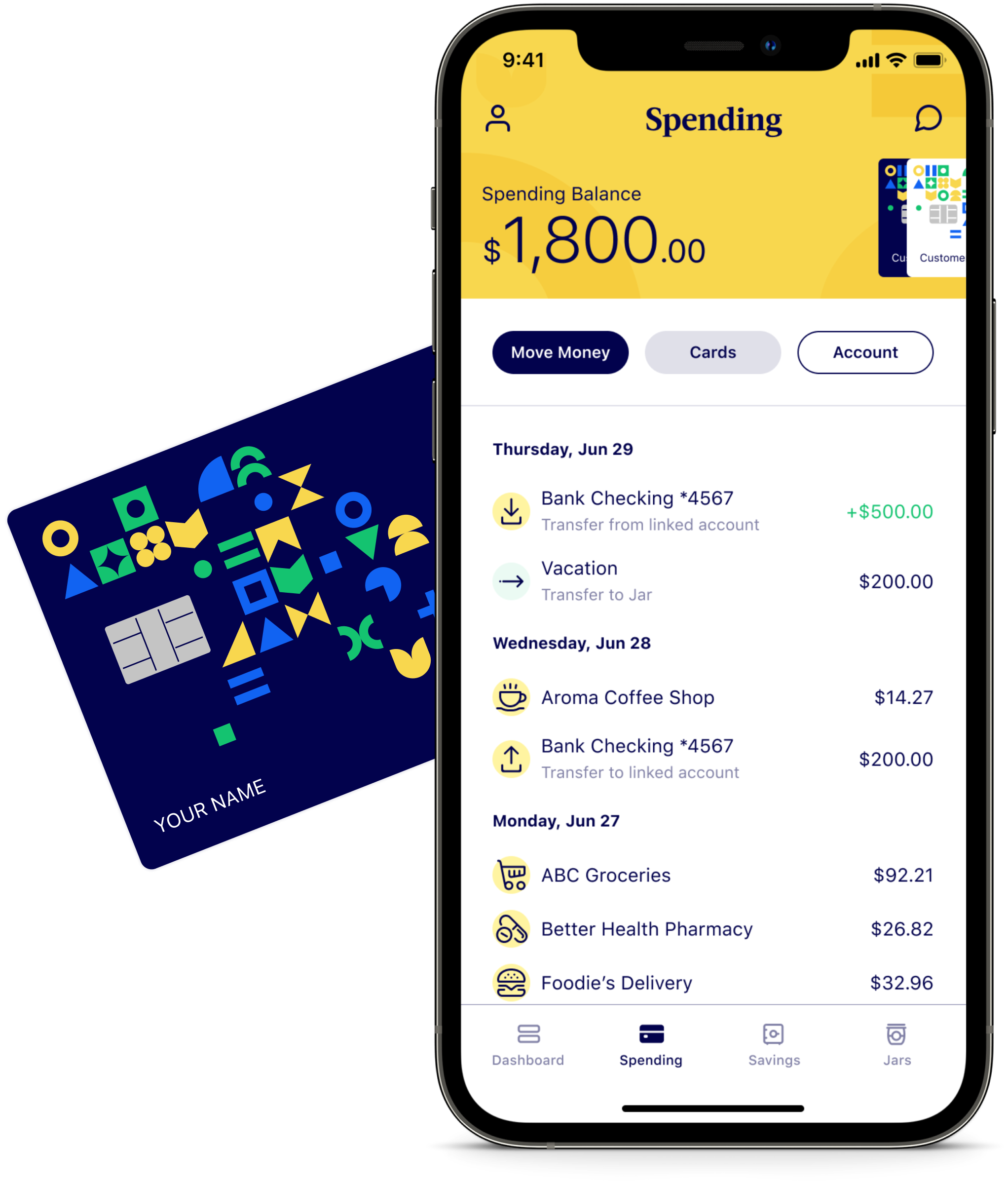 Image showing Milli's mobile banking Spending page with transactions and the debit card