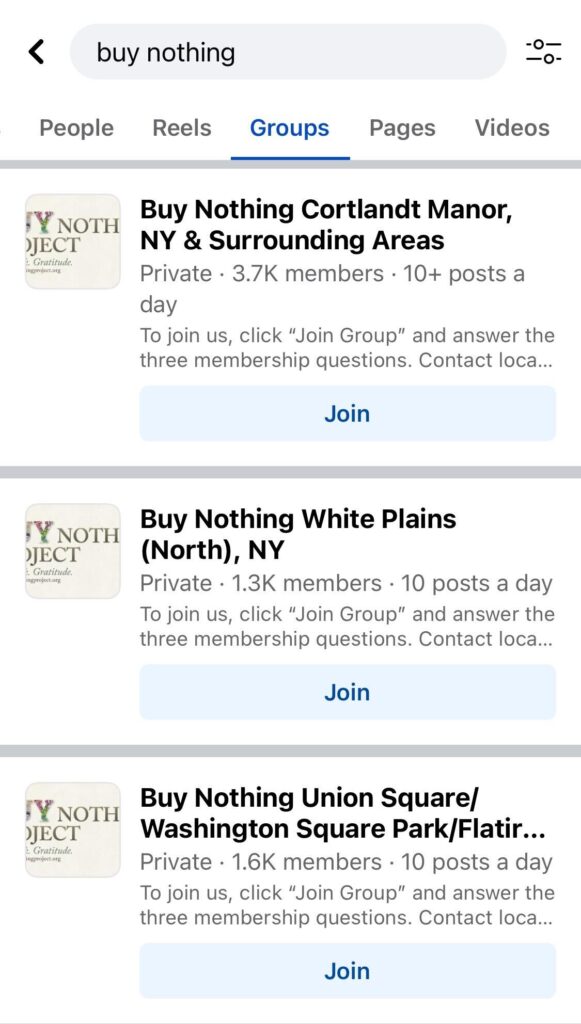 Screenshot of the Facebook app searching for Buy Nothing groups with three results for Cortdlandt Manor, NY, White Plains, NY and Union Square/Washington Square Park