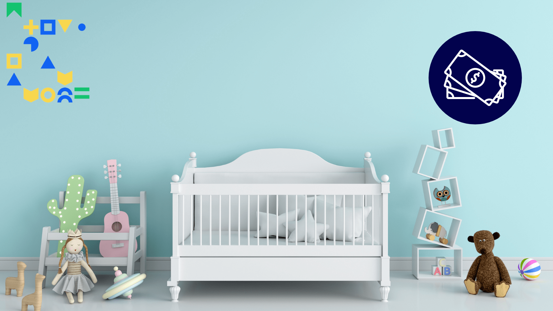 Image of a nursery with a white crib, baby toys and stuffed animals, and blue wall paint, to illustrate the concept of budgeting for parenthood.