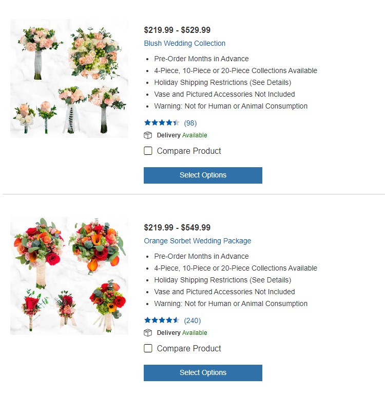 Screenshot of the Costco website offering two floral packages: the Blush wedding collection ranging between $219.99-$529.99 and the Orange Sorbet wedding package ranging between $219.99-$549.99 