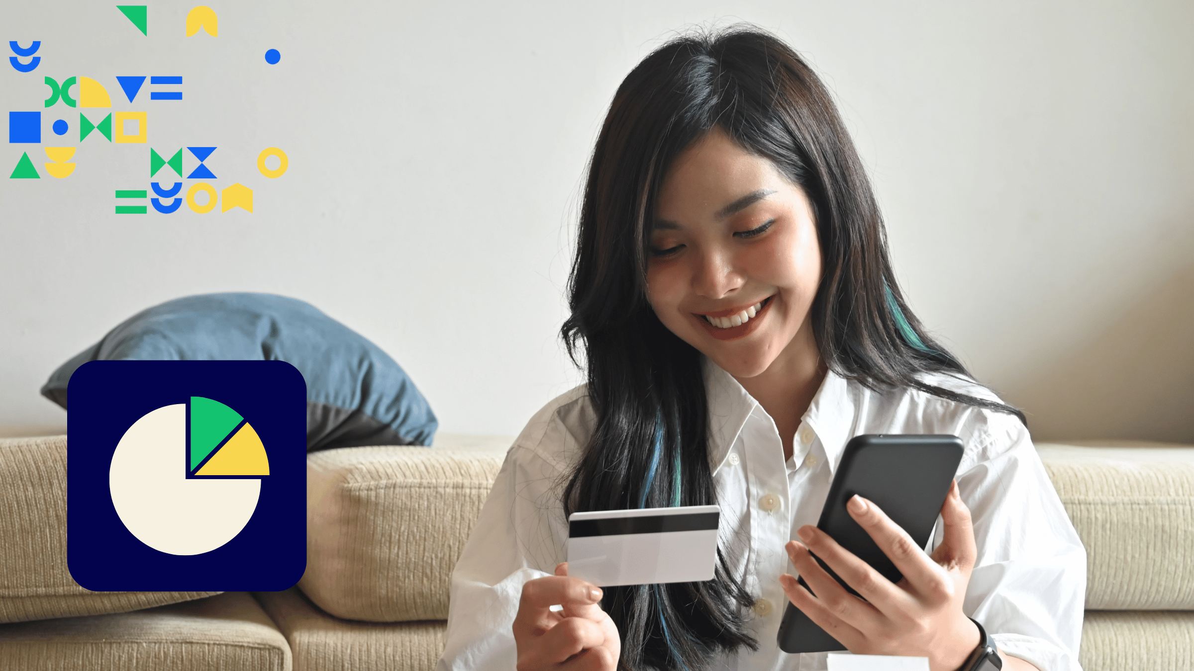 Image of a young woman sitting down and looking at a phone and debit card with an icon of a budget overlaid to showcase the theme of personal finance