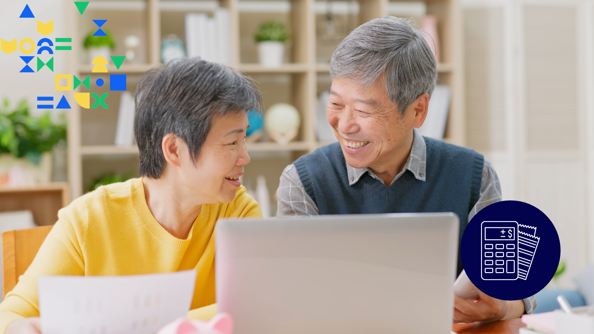 Image of an elderly Asian couple reviewing a document and laptop together, smiling. There is an icon of a calculator and receipt on top. This represents a couple living on a fixed income.