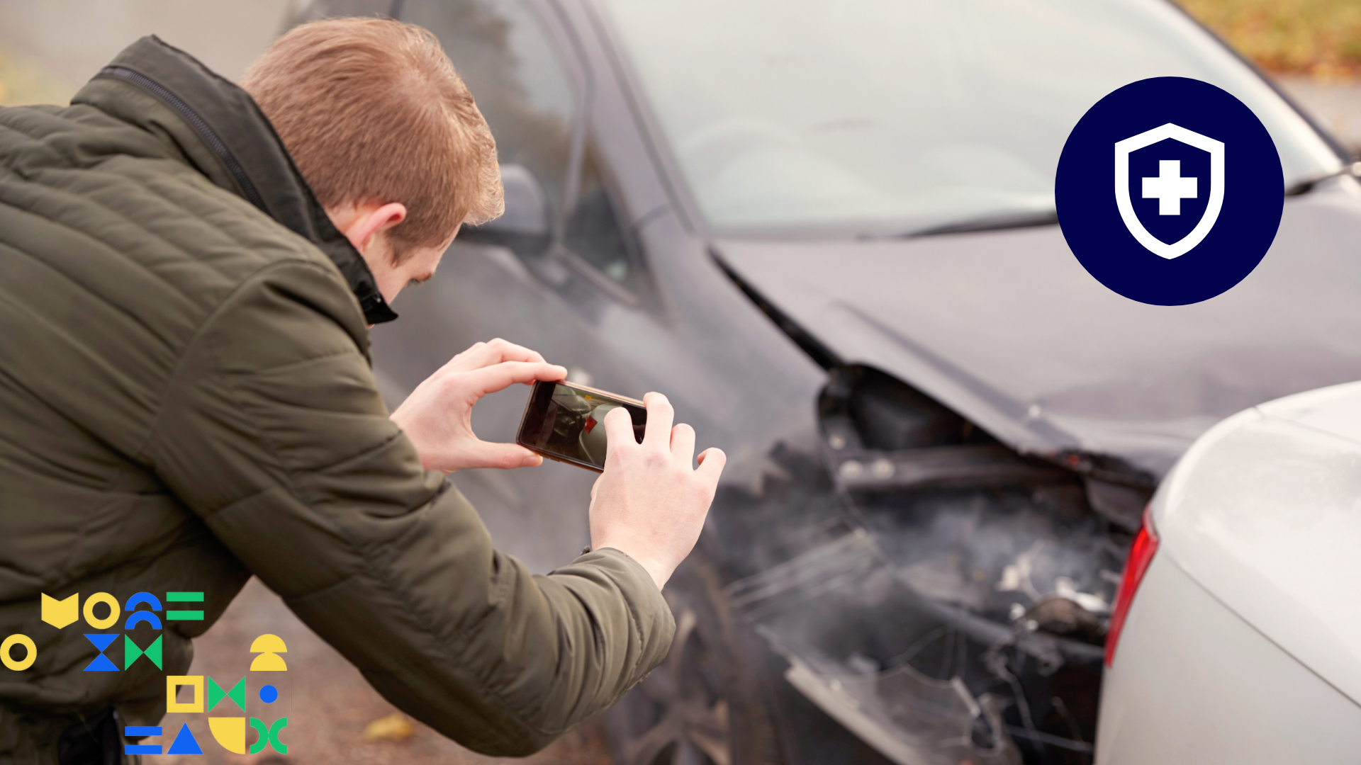 Image of a young man taking a photo on his smartphone of a minor car crash with an image of a shield icon overlaid to represent car insurance