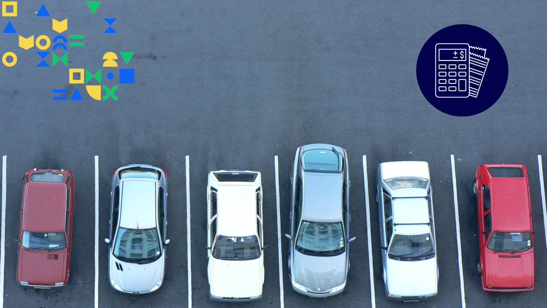 Image of six cars in a row in a parking lot with an icon of a calculator and receipts to represent car insurance.