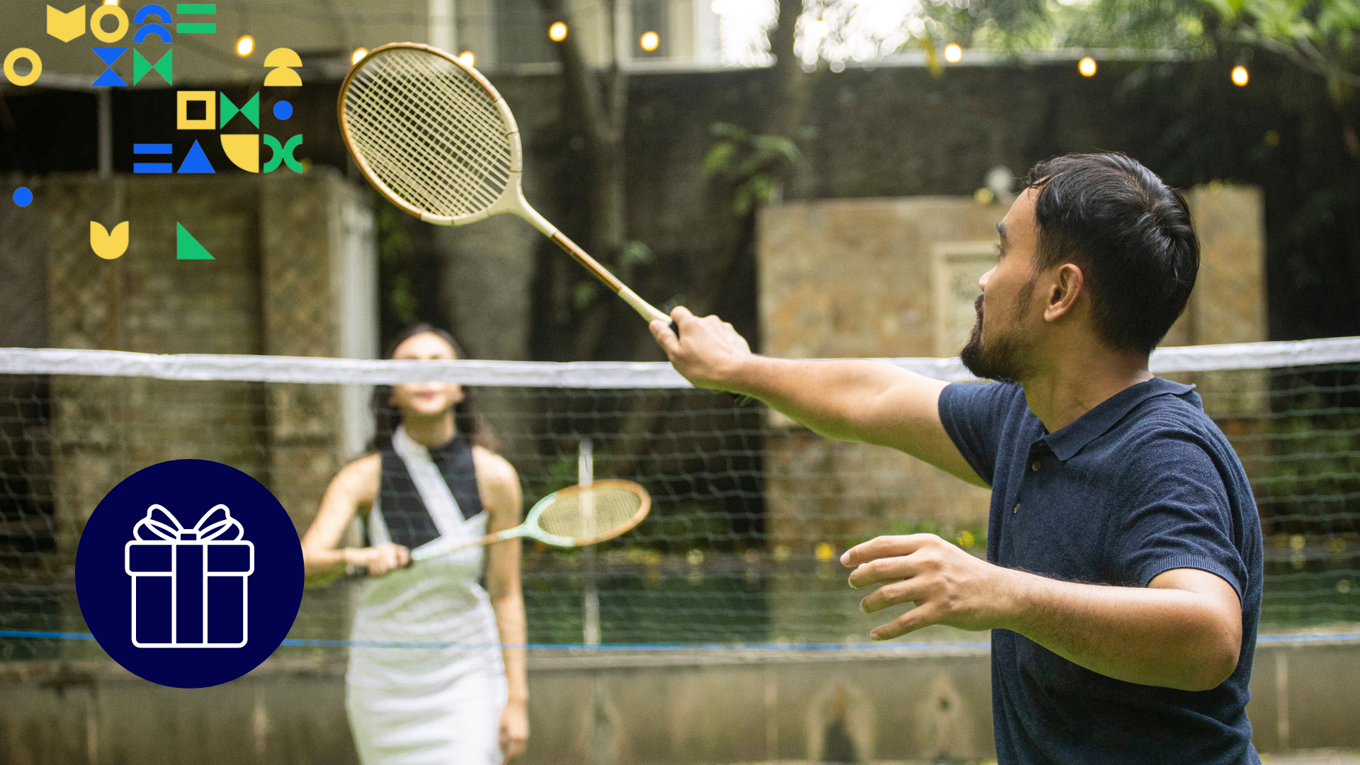 Image of a couple playing badminton to represent a Father's day gift 