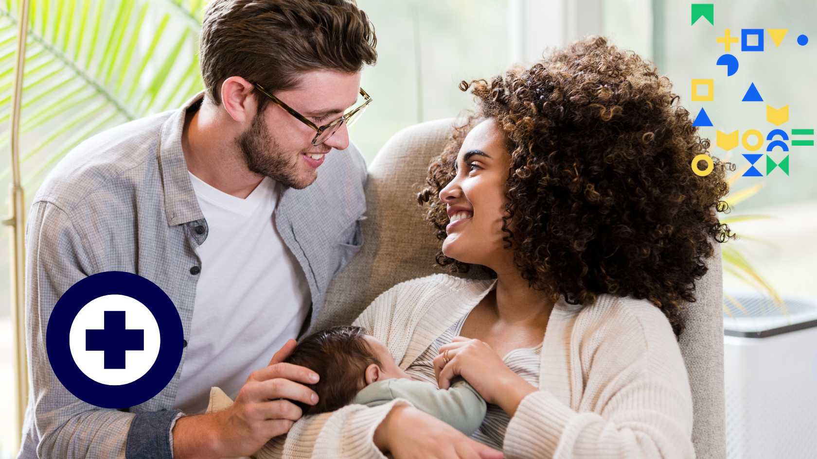 Image of a mom and dad smiling and looking at one another while the mother holds the baby, with a plus sign health icon overlaid, representing parental leave.