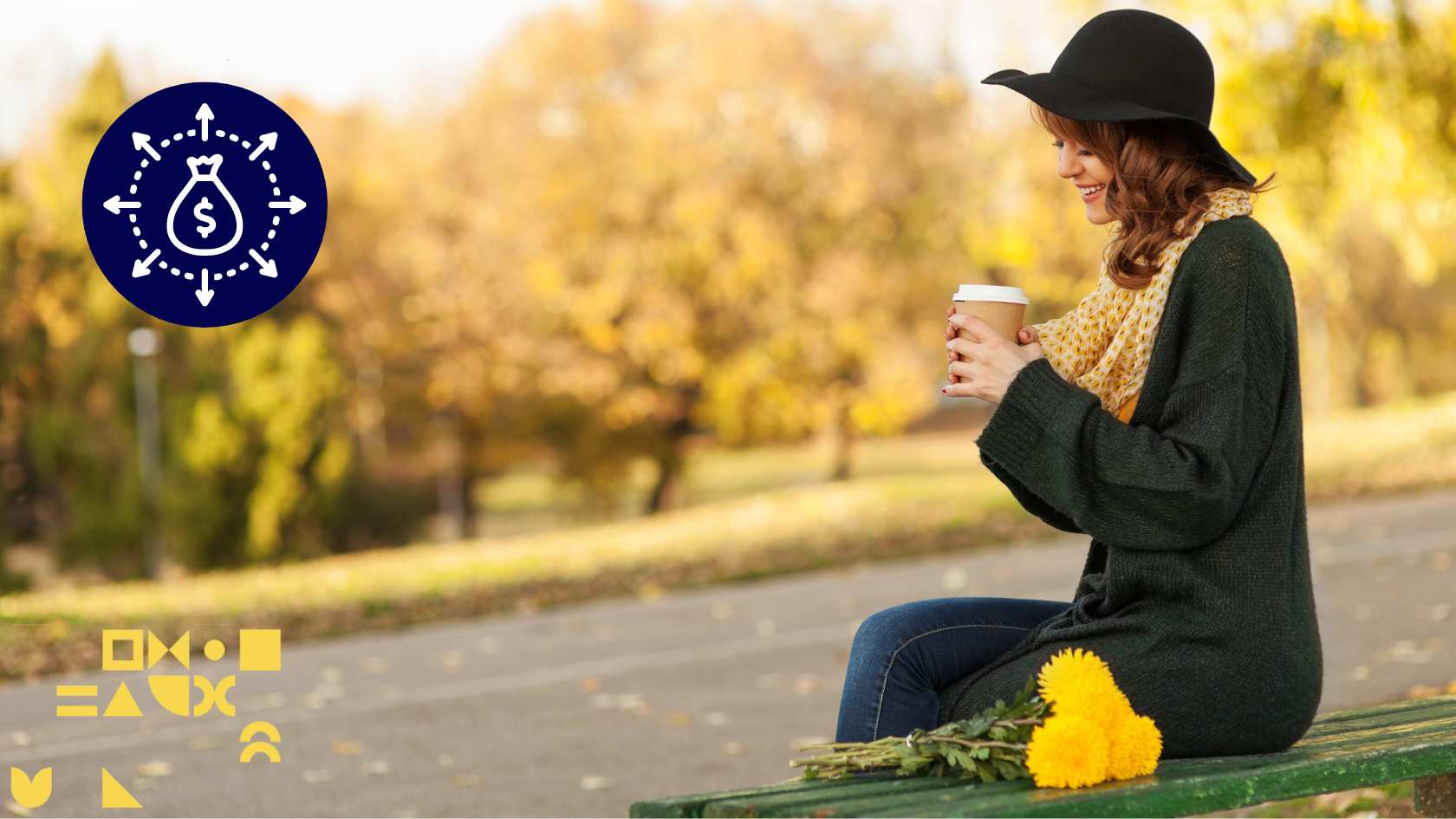 Image of a woman sitting on a bench in a park during autumn. She is holding a to-go coffee cup and has a bouquet of flowers next to her, representing a little treat to get through the day. Overlaid is an icon of a bag of money and arrows to represent allocating money.