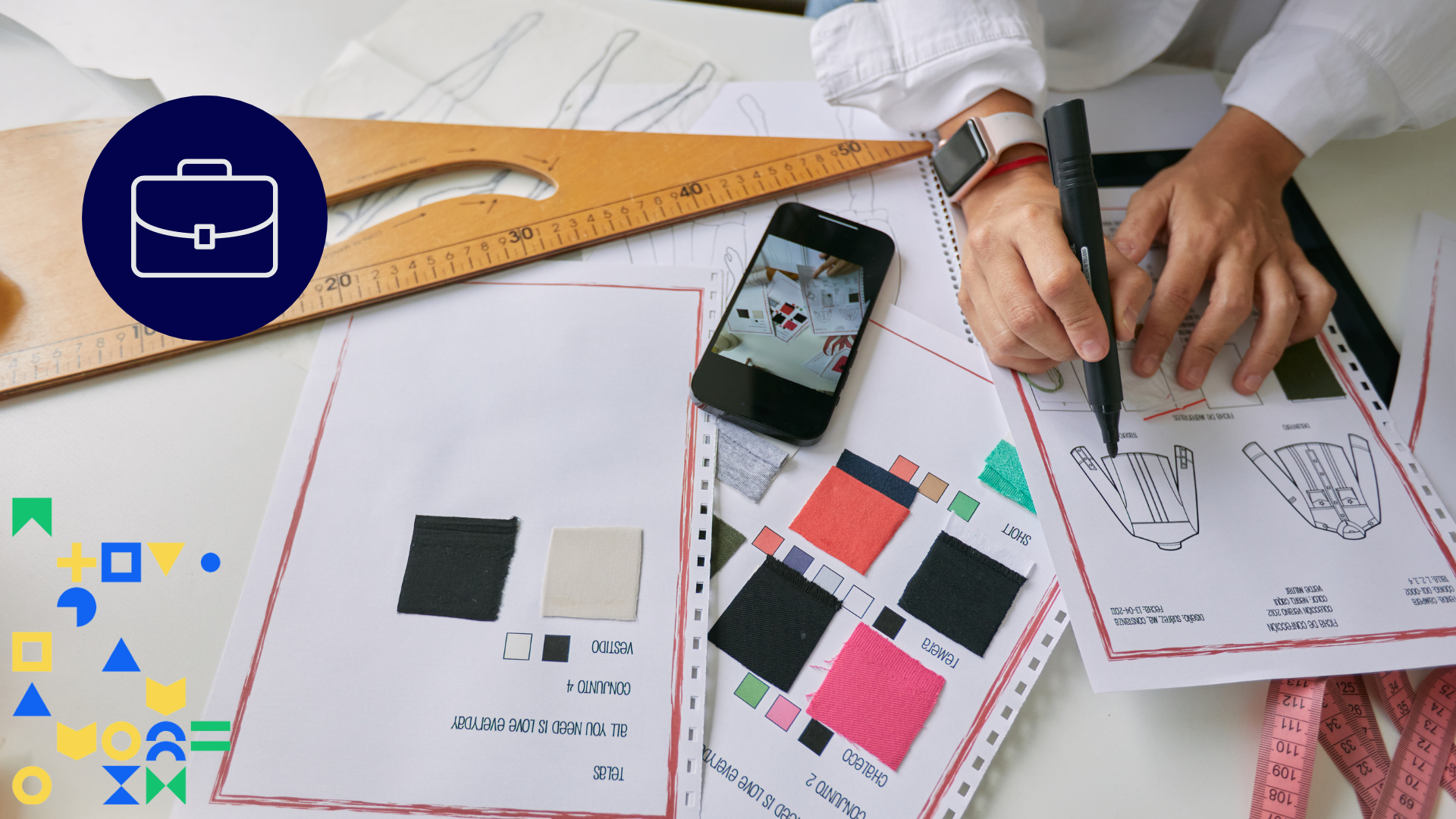 Image of a person drafting designs for a jacket with drawings, a ruler, and fabric swatches on a table.