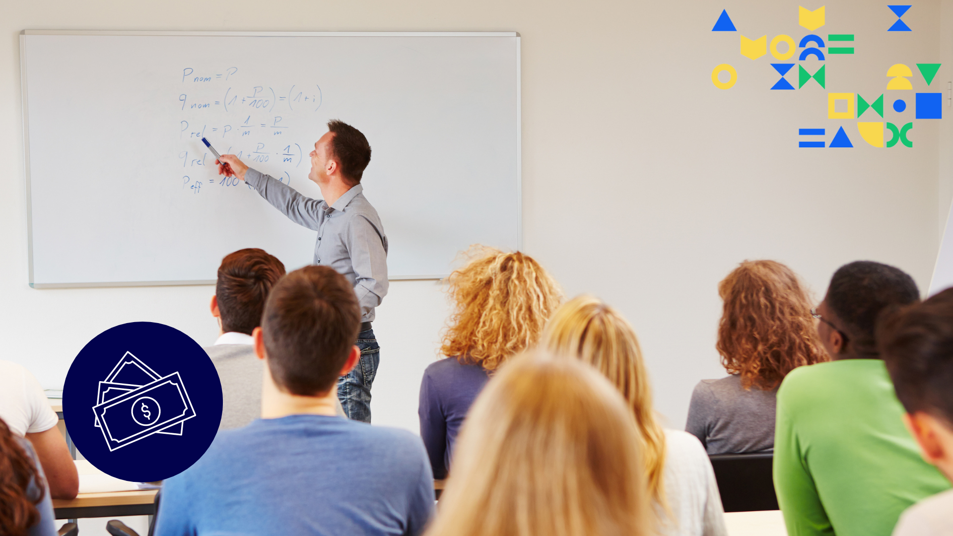 Image of a class of young adults looking as a male professor instructs about equations on a whiteboard