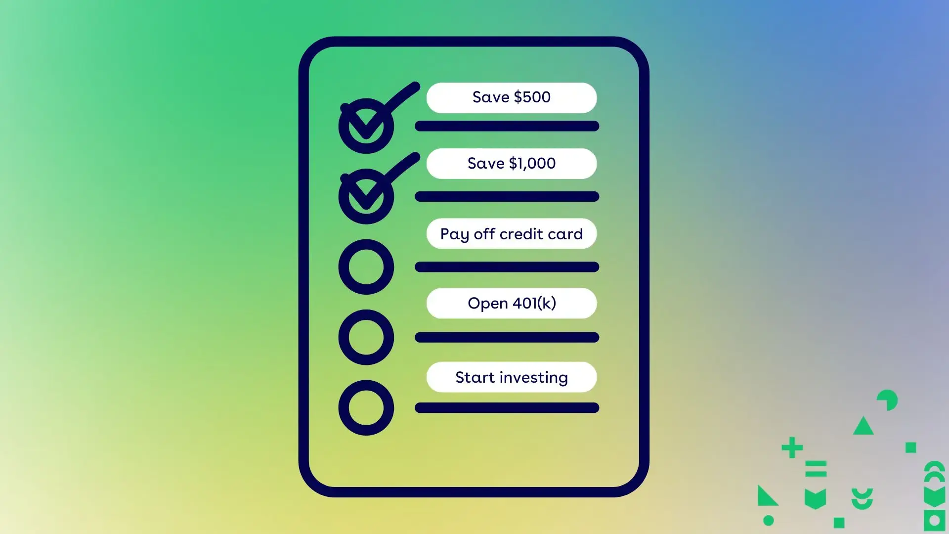 Image showing a checklist of financial goals, including save $500, save $1,000, pay off credit card, open 401(k), and start investing. The first two goals are checked.