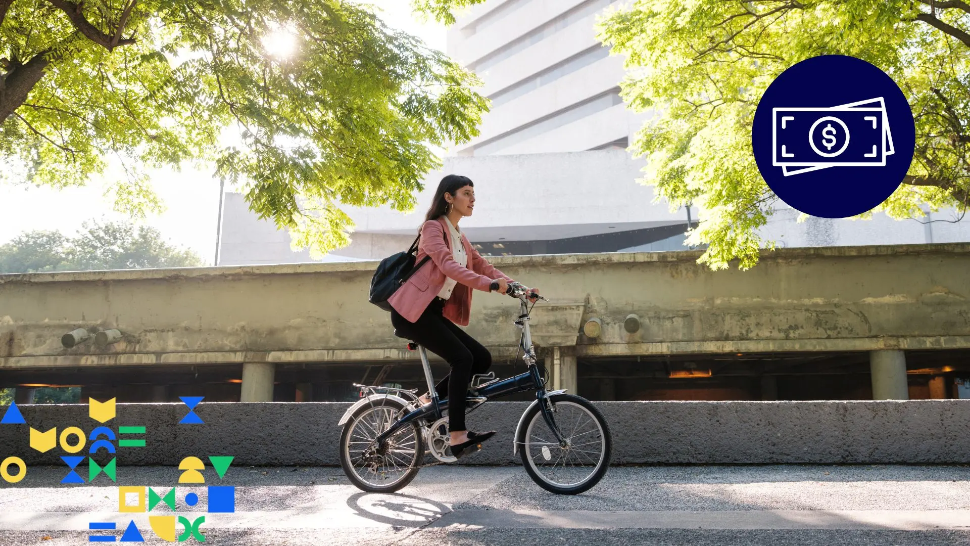 Image of a young woman in professional attire riding a bike on a sunny day to an office building, representing saving money