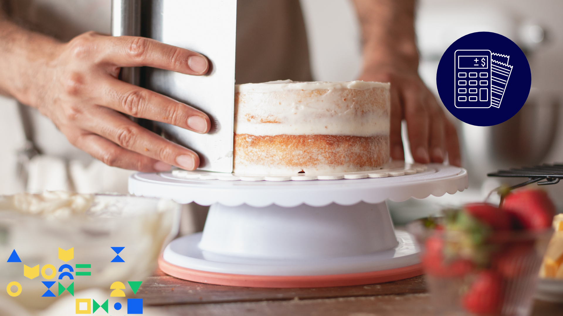 Image of hands frosting a two layer cake on a stand with bowls of ingredients around, with an icon of a calculator overlaid representing staying productive instead of spending money