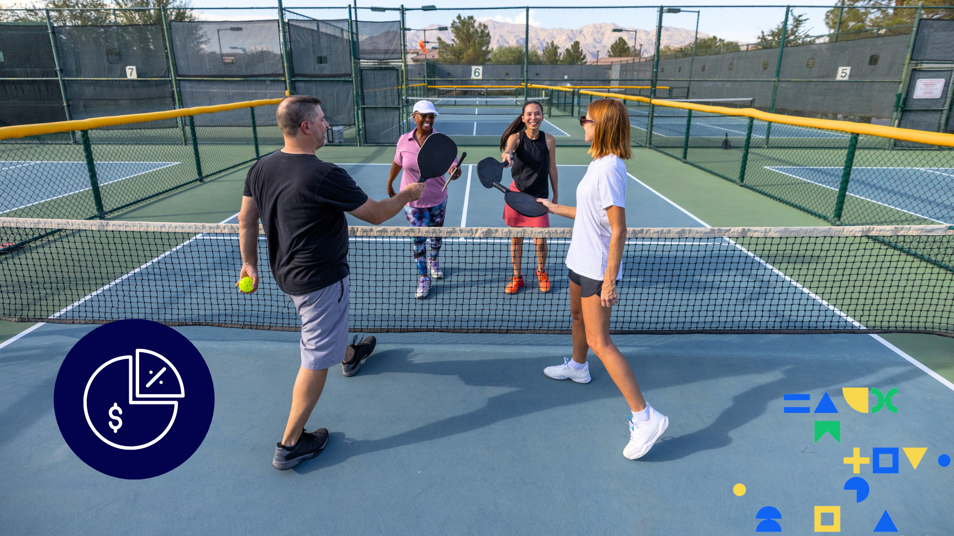 Image of four adults playing pickleball with an icon of a pie chart overlaid to represent free activities someone can do when bored