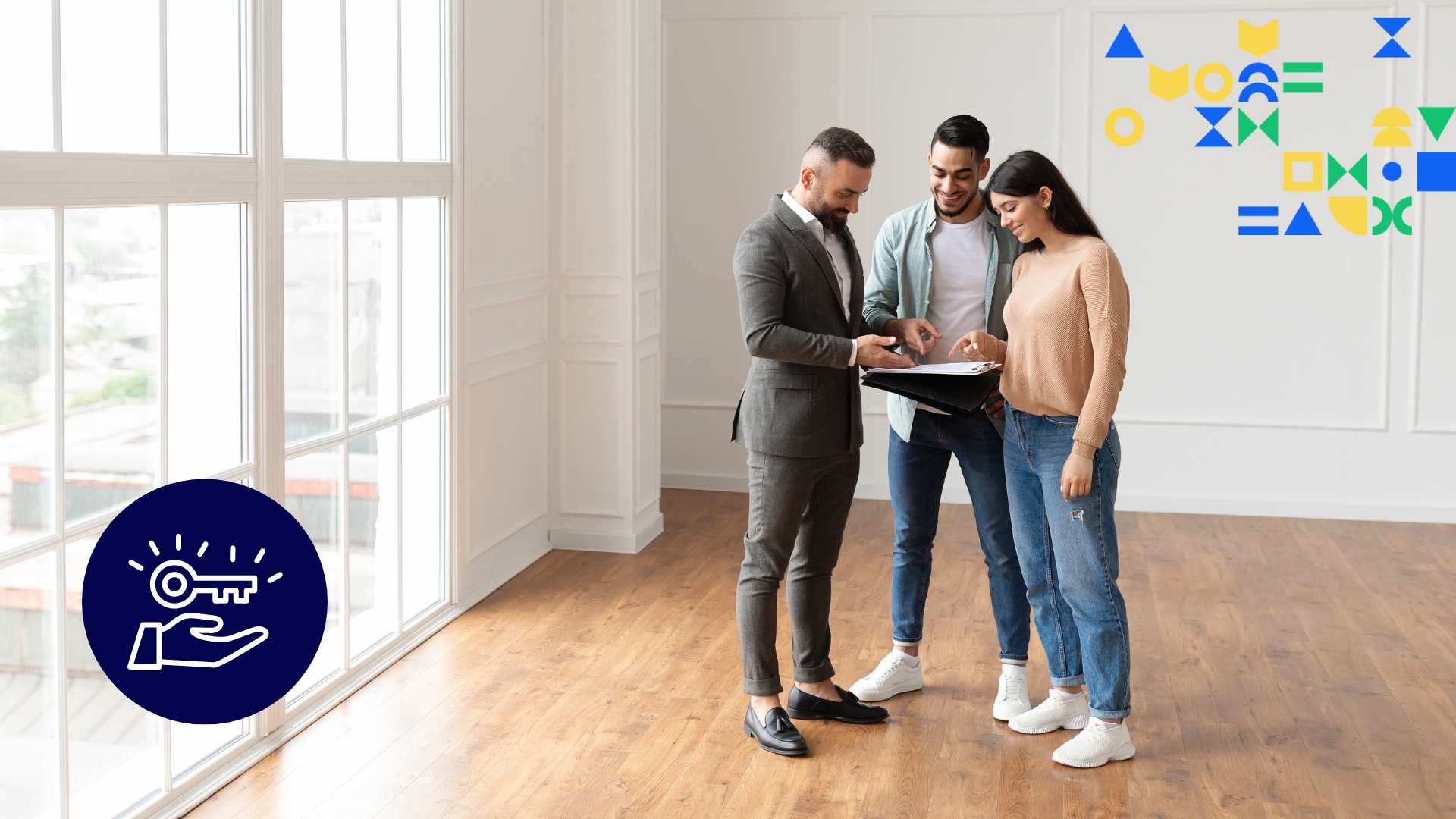 Image of a real estate agent showing a couple a home and reviewing documents with an icon of a hand holding a key overlaid