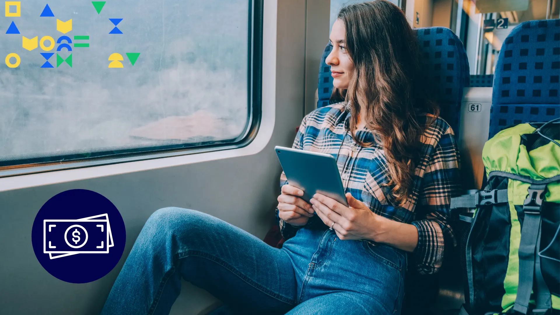 Image of a woman sitting on a train looking out the window holding a tablet with a backpack next to her and an icon of money overlaid to represent affordable solo trips