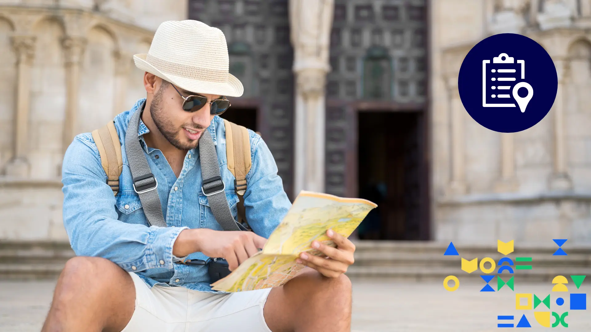 Image of a young man with a backpack, camera, hat and sunglasses on reviewing a map while sitting in front of a historic building, with an icon of a clipboard and map pin overlaid to represent solo travel